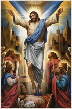 Jesus ascending with angels and cityscape in the background, surrounded by radiant light.