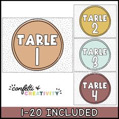 four different colored labels with the words table 1, 2, and 3 on them