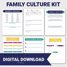 the family culture kit is shown in blue, yellow and green with text overlaying it