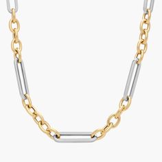 Polished 14k Italian white and yellow gold come together in an unexpected pairing of alternating links in varying sizes and shapes that make a major impact when layering on this two-tone necklace. Blue Nile, Metal Necklaces, Link Necklace, Two Tone, Layering, Jewelry Necklaces, White Gold, Yellow Gold, Yellow