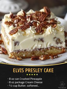 a piece of cake on a white plate with pecans around it and the words elvis presley cake below