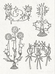 four different types of candles with stars and fireworks on them, all drawn in black ink