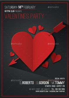 three valentine's day party flyer templates with red paper hearts on black background