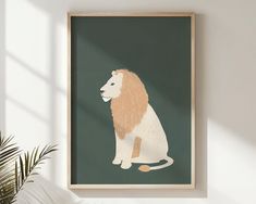 a white and brown lion sitting on top of a green wall next to a potted plant