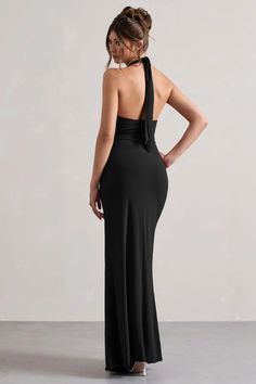 Payton Black Ruched Halter-Neck Maxi Dress – Club L London - USA Maxi Length Dress With Ruched Back, Backless Maxi Dress For Black-tie Events, Stretch Maxi Dress With Ruched Back For Gala, Chic Black Maxi Dress With Ruched Back, Sleek Ruched Maxi Dress For Formal Occasions, Sleek Formal Maxi Dress With Ruched Details, Sleek Formal Ruched Maxi Dress, Fitted Halter Neck Dress For Black-tie Events, Black Maxi Dress With Ruched Back For Night Out