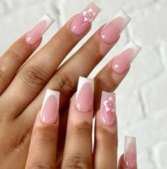 white French nails🩷🤍with little flower design on ring finger #nailsdid #frenchnails #flowers #cutenails #affiliate #affiliatelink #iearncommission #white #pink White French Nails, Holiday Acrylic Nails, Ring Finger Nails, Spring Acrylic Nails, Punk Nails, Summery Nails