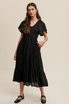 Skirt With Ruffle Hem, Darling Dress, Midi Dress With Sleeves, Sleeve Midi Dress, Tier Skirt, Tiered Skirt, Textured Fabric, Flutter Sleeves, Black Midi Dress