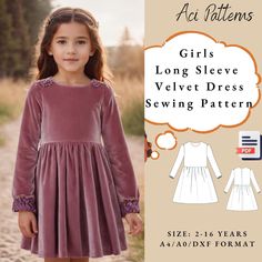 Girl Long Sleeve Velvet Dress Sewing Pattern,Kids Dress Sewing Pattern,Girl child Waist Gathered Dress Pattern  A0 A4 US Letter-Girl Size 2-16 Age dxf  Available as an instant download (pdf) sewing pattern bundle with a range of size options, including plus sizes ⭐US Sizes: 2-3-4-5-6-7-8-10-12-14-16 years ⭐Standard Sizes:  2-3-4-5-6-7-8-10-12-14-16 years ⭐These patterns are suitable for A4, A0, and US Letter / dxf size papers. ⭐Once your payment is processed, you will automatically receive download links for the pattern files. Please note that you can only download the files from a computer; they will not work on a phone or iPad. ⭐This is a digital product. You will receive zip files containing the patterns and sewing instructions. ⭐Due to the nature of digital downloads, no refund, return Velvet Dress Sewing Pattern, Velvet Dress Sewing, Sewing Patterns Kids Dress, Gathered Dress Pattern, Dress Patern, Long Sleeve Velvet Dress, Sewing Patterns Girls, Sewing Instructions, Gathered Dress