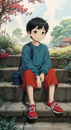 a young boy sitting on steps in front of a tree and bushes with red shoes