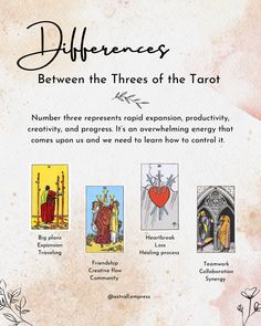 Differences between number threes in Tarot 
Three of Wands means bug planes, on and traveling. Three of Cups is friendship, creative flow and community. Three of Swords is Heartbreak, loss and healing process. Three if Pentacles is teamwork, collaboration and synergy. Tarot Combinations Meanings, The Chariot Tarot Card, Chariot Tarot Card, Chariot Tarot, The Chariot Tarot