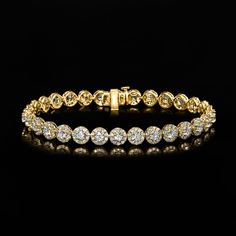 Ross-Simons - 5.60ct t. w. Lab Grown Diamond Halo Bracelet in 14kt Yellow Gold. 8". Absolutely stunning! Our exquisite bracelet dazzles with 5.60 ct. t. w. round lab-grown diamonds in halo-style circle links. Finely crafted in polished 14kt yellow gold. Lab-grown diamonds are identical to mined diamonds according to their optical, physical and chemical properties. All Ross-Simons lab-grown diamond jewelry in 14kt gold and platinum includes an IGI Laboratory-Grown Diamond Report to verify color, Luxury Diamond Bracelet With Halo Setting, Luxury Tennis Bracelet With Halo Setting For Formal Events, Luxury Tennis Bracelet With Halo Setting For Formal Occasions, Luxury Diamond Bracelet With Halo Setting For Formal Events, Luxury Diamond Bracelets With Halo Setting, Luxury Diamond Bracelet With Halo Setting For Formal Occasions, Luxury Formal Bracelet With Halo Setting, Luxury Formal Bracelets With Halo Setting, Classic Round Tennis Bracelet With Halo Setting