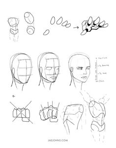 an image of how to draw the head and hands in different positions, with instructions for each