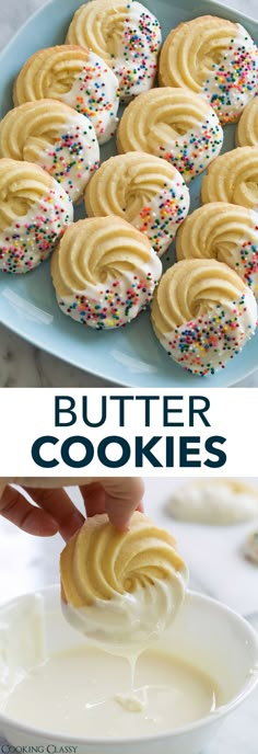 butter cookies with sprinkles are on a blue plate and in a white bowl