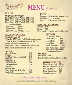 a menu for a hair salon with prices