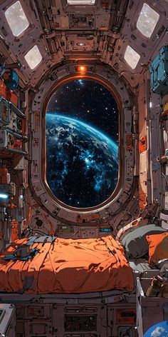 an astronaut's space station with earth seen through the window and bed in foreground