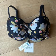 32f Panache Bikini Top, Navy Floral Print, With Underwire, Can Wear Strapless Like A Bandeau Top Or With Straps For Support Beach Season Underwire Bra With Padded Cups, Summer Bra With Padded Underwire Cups, Summer Underwire Bra With Padded Cups, Underwire Bra With Padded Cups For Beach Season, Blue Push-up Swimwear For Beachwear, Summer Full Coverage Swim Bra, Partially Lined Fitted Bra For Beach, Beachwear Bra With Removable Pads And Underwire, Beachwear Underwire Bra For Pool