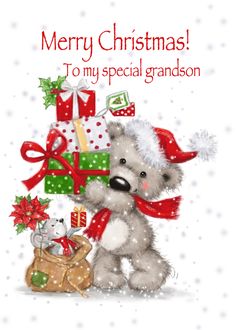 a christmas card with a teddy bear and presents