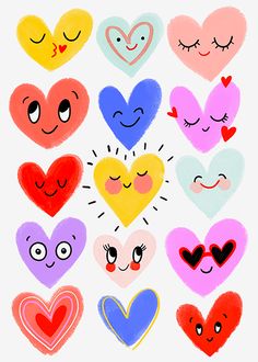 a bunch of hearts that are drawn in different colors and shapes with faces on them