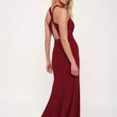 Lulus Always Be In Love Wine Red Twist Back Maxi Dress S Nwt $92.00. This Stunning Gown Shaped With Thick Stretch Knit Starts Off With A Princess Seam Surplice Neckline And A Twisted Strappy Back. A High Banded Waist Flows Into A Glamorous Mermaid Style Maxi Skirt. Hidden Back Zipper/Clasp. 95% Polyester And 5% Spandex And The Lining Is 100% Polyester. Hand Wash Cold. So Beautiful. Comes From A Pet And Smoke Free Home. Please Let Me Know If You Have Any Questions. Thank You For Looking! Red Sleeveless Dress With Back Opening, Red Backless Dress With Tie Back, Red Backless Dress With Ruched Back, Fitted Dress With Closed Back For Date Night, Red Tie Back Dress For Night Out, Red Prom Dress With Ruched Back, Red V-neck Maxi Dress With Tie Back, Fitted Maxi Dress With Keyhole Back For Prom, Keyhole Back Evening Dress For Prom Season