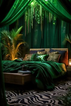 Taken in the evening, this Vibrant Modern Boho Bedroom is dramatically lit by green and black strip lighting along the ceiling. The walls are a deep forest green (#228B22), and the room features a canopy bed, animal print cushions, and tropical plants. Rainforest Living Room Decor, Garden Of Eden Bedroom, Emerald Green Maximalist Bedroom, Forest Green Gold Bedroom, Black Green Interior Design, Jungle Glam Bedroom, Maximalist Jungle Decor, Teen Jungle Bedroom, Jungle Themed Bedroom Adult