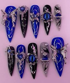 Black And Blue Nails, Long Black, Blue Nails, Nail Ideas, Press On Nails, Nail Inspo, Nails, Blue