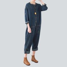 Introducing our dark wash. baggy denim overalls from the 2023 Autumn Collection ââ‚?the perfect mix of street style and sophistication!Why You Need It In Your WardrobeThese overalls are designed to embody the spirit of rebellion. being the ultimate balance between contemporary fashion and nostalgic street style. Crafted with a distinctive distressed pattern and baggy fit. they'll bring an edgy and effortless look to your wardrobe.Distinctive Features: Street Style: Inspired by the iconic street Jumpsuit For Ladies, Womens Denim Jumpsuit, Jean Jumpsuit, Baggy Jumpsuit, Denim Clothes, Jumper Designs, Denim Jumper, Denim Clothing, Baggy Denim