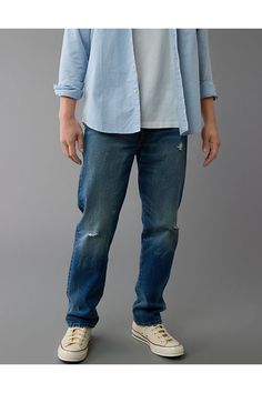 Rigid | Classic cotton denim with no stretch/Durable, finished by hand and made to last/Medium wash/Ripped Medium Wash Rigid Denim Jeans With Zip Fly, Casual Rigid Denim Jeans With Zip Fly, Everyday Washed Blue Distressed Jeans, Everyday Distressed Washed Blue Jeans, Washed Blue Cotton Bottoms With Zip Fly, Ripped Washed Blue Relaxed Fit Jeans, Washed Blue Ripped Relaxed Fit Jeans, Relaxed Fit Washed Blue Cotton Jeans, Casual Distressed Recycled Denim Bottoms