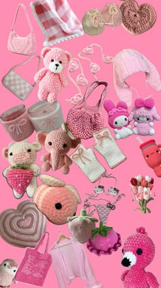 there are many crocheted teddy bears and purses on this pink background,