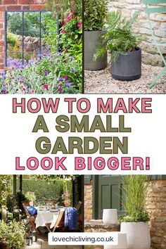 the words how to make a small garden look bigger are overlaid with images of plants and flowers