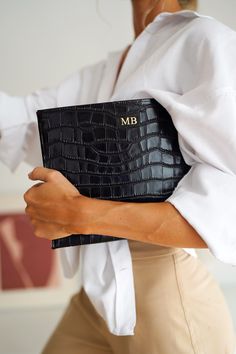 ★PERSONALISED LEATHER CROC CLUTCH★  All our bags are made of high quality leather. Material: 100% genuine leather with a mock croc finish. Bag Type: Clutch Bag/ Pouch Bag. Monogram is made in Gold Foil. Accessories: Gold. Size: W25cm x H19.5 cm x H5.5 cm. ★PERSONALISATION INFORMATION ★ ♦ You can choose 1, 2 or 3 initials (maximum) ♦ You can also buy with no monogram at all (no initials) - message me to purchase without any personalisation. This beautiful Clutch is perfect for many occasions: dai Elegant Leather Pouch For Personal Use, Elegant Black Bag For Personal Use, Elegant Leather Envelope Pouch, Luxury Clutch Pouch For Gift, Luxury Clutch Pouch As Gift, Luxury Leather Pouch As Gift, Luxury Leather Gift Pouch, Luxury Gift Clutch Pouch, Classic Clutch With Removable Pouch As Gift