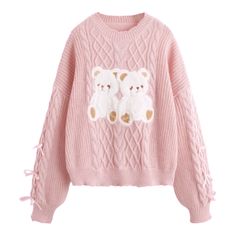 Trendy Embroidered Knit Sweater, Kawaii Long Sleeve Knitted Sweater, Kawaii Knitted Long Sleeve Sweater, Kawaii Knit Sweater For Fall, Cute Knitted Acrylic Tops, Cute Acrylic Crew Neck Sweater, Trendy Pink Embroidered Sweater, Cute Crew Neck Knit Sweater, Kawaii Crew Neck Sweater For Fall