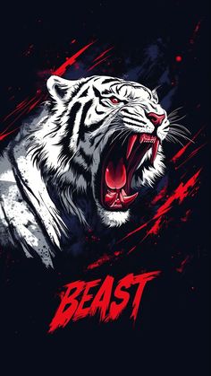 a white tiger with it's mouth open and the word beast in red ink