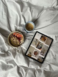 an image of food and coffee on the bed