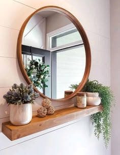 a mirror and some potted plants on a shelf