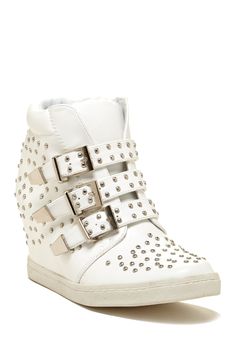 vegan leather upper 3" wedge rubber outsole Trendy Wedges, Couture Nails, Wedge Heel Sneakers, Runway Shoes, Wedges Style, Leather High Tops, Shoe Inspo, Rubber Shoes, Wedge Sneakers