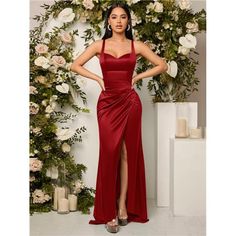 -Item Id 13862478 -Details: Backless, Zipper, Split Thigh -Neckline: Straps -Type: Sheath -Pattern Type: Plain -Sleeve Length: Sleeveless -Length: Maxi -Color: Burgundy -Fit Type: Slim Fit -Fabric: Non-Stretch -Material: Woven Fabric -Composition: 97% Polyester, 3% Elastane -Care Instructions: Machine Wash Or Professional Dry Clean -Sheer: No **Open To Offers!!!** **Bundle To Save More** **30% Off Bundles Of 2 Or More Items!!** ***Orders Go Out Within 5-10 Business Days!! Thank You For Your Pati Versatile Bridesmaid Dress, Burgundy Party Dress, Wine Colored Dresses, Satin Bridesmaid Dress, Prom Dresses Simple, Red Silk Dress, Maid Of Honour Dresses, Red Bridesmaid Dresses, Burgundy Bridesmaid Dresses