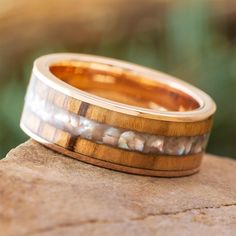 Olive Wood and Pearl Ring Pearl Wedding Band, Pearl Wedding Bands, Jewelry By Johan, Wood Wedding Band, Rose Gold Wedding Bands, Wood Wedding, 14k Rose Gold Ring, Wedding In The Woods, Wood Rings