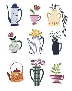 teapots and vases with plants in them