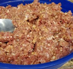 a blue bowl filled with ground meat and a metal spoon in it's center