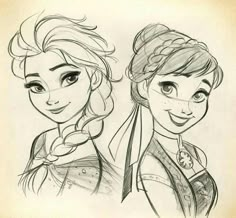 two drawings of princesses, one with long hair and the other with braids