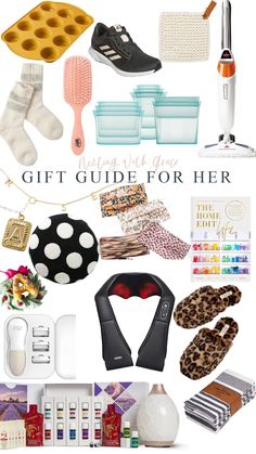 the ultimate gift guide for her is on display in front of an assortment of items