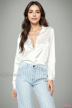 Qteee - Long-Sleeved Fashion Chiffon Shirt with Mock Silk Collar Spring Collared Blouse For Night Out, Feminine Button-up Blouse For Night Out, Long Sleeve Chiffon Shirt, Silk Long Sleeve Blouse, Silk Texture, Chiffon Fashion, Silky Blouse, Sleeve Fashion, Chiffon Long Sleeve