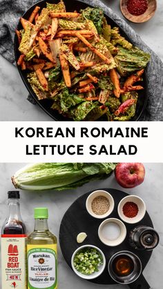 Korean romaine lettuce salad in bowl Korean Bbq Salad, Korean Salad Recipe, Crunchy Salad Recipes, Korean Salad, Bbq Salad, Lettuce Salad Recipes, Bbq Salads, Korean Side Dishes, Romaine Salad