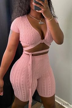 Lasaky - Chic Two-Piece Set: V-Neck Short Sleeve Top and Solid Frenulum Bottom in Lake Blue Solid Non-stretch V-neck Sets, Non-stretch V-neck Sets For Spring, Spring V-neck Non-stretch Sets, Casual Pink V-neck Sets, Fitted V-neck Sets, Pink Stretch V-neck Sets, Pink V-neck Stretch Sets, Fitted V-neck Loungewear Sets, Two Piece Shorts Set