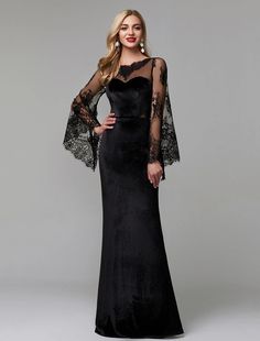 Sheath / Column Elegant Dress Wedding Guest Engagement Floor Length Long Sleeve Illusion Neck Lace with Lace Insert Sparkly Prom Dresses, Floral Prom Dresses, Evening Dresses Online, Cheap Evening Dresses, Dress Wedding Guest, Mob Dresses, Illusion Dress, فستان سهرة, Black Evening Dresses