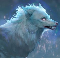 a white wolf with blue eyes and long hair