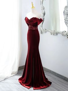 Wine Red Mermaid Velvet Long Party Dress Red Mermaid Dress For Formal Occasions, Fitted Mermaid Dress With Sweep Train For Red Carpet, Elegant Red Mermaid Dress For Party, Formal Red Fishtail Evening Dress, Red Fishtail Evening Dress For Formal Occasions, Fitted Dresses For Red Carpet And Prom Season, Red Fishtail Dress For Formal Occasions, Fitted Burgundy Dress With Sweep Train, Red Fishtail Banquet Dress