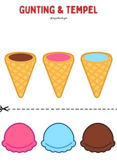 an ice cream cone and three scoops of ice cream are shown in the same color scheme