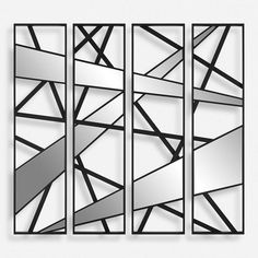 three panels with black and white lines on them, each paneled in different sizes