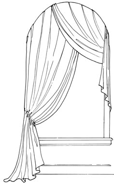 an open window with curtains drawn in black and white